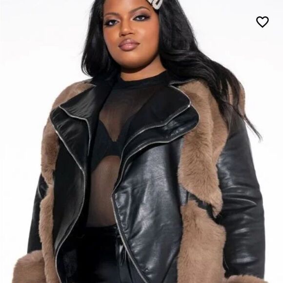 NWT Azalea Wang Faux Fur Leather Moto Jacket -Black & Brown - Size 1X - Picture 6 of 16